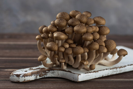 brown beech mushroom on white desk and wood table.