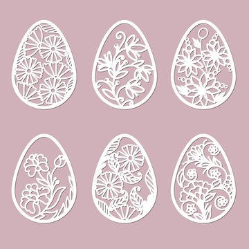 leaves, flowers, carved in egg. Vector illustration. Easter eggs for Easter holidays. Set of paper Easter egg stickers. Laser cut. Vector illustration. Pattern for the laser cut, plotter and screen pr