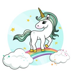 A unicorn on a white background with on a rainbow, clouds and stars