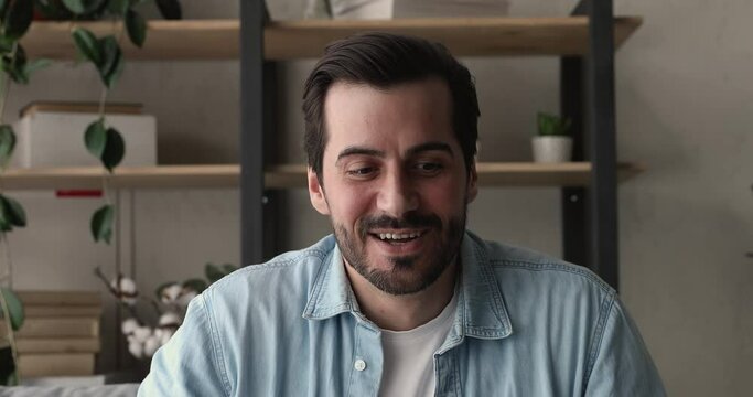 Head shot portrait 35s businessman look at camera talk to client use video call. Solve business remotely. Applicant participate in job interview remote virtual meeting. Video conference event concept