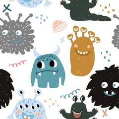 Seamless pattern with cute monsters. Creative childish texture for fabric, wrapping, textile, wallpaper, apparel. Vector illustration