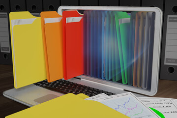 Computer con cartelle colorate per l'archiviazione di documenti. Database.. - obrazy, fototapety, plakaty