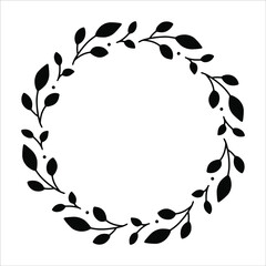 Vector hand drawn spring wreath isolated on white background. Silhouette circle of leaves. Doodle style. Floral frame.