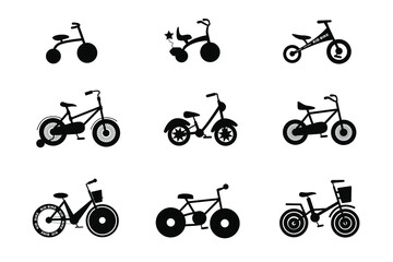 Set of children's bicycles black and white silhouettes vector image isolated on a white background.