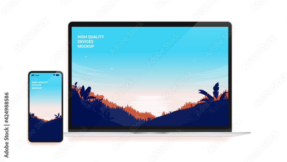 Poster Vector mockup with laptop and smartphone - Computer and phone with editable screens. Illustration.