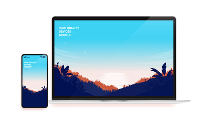Vector mockup with laptop and smartphone - Computer and phone with editable screens. Illustration.