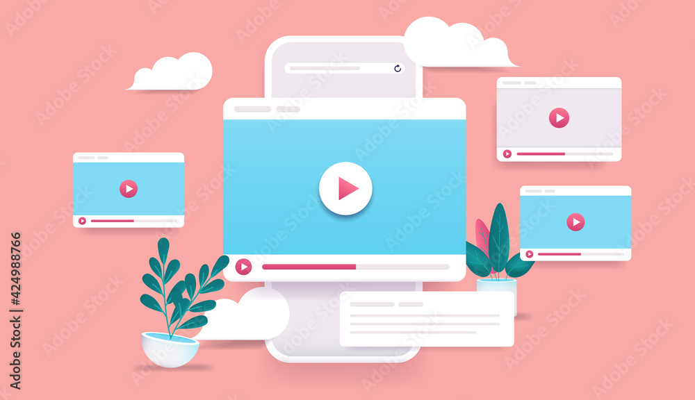Poster video channel online - 3d vector style phone with video windows flying in air. internet video clips 