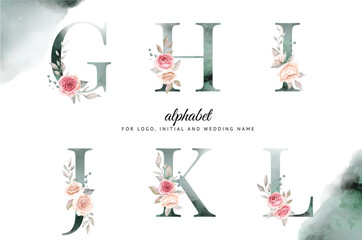 Watercolor alphabet set of g, h, i, j, k, l with beautiful floral . for logo, cards, branding, etc © hengkidesen