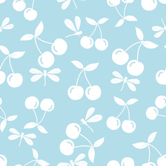 Seamless pattern with cherries fruit and dragonflies on blue background vector illustration.