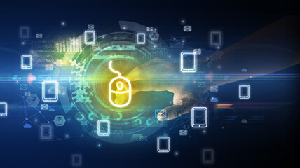 Obraz premium touching with soft gesture multimedia screen with future technology concept