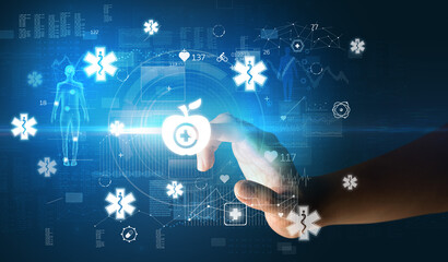 Doctor hand pressing futuristic health device with medical symbol on screen