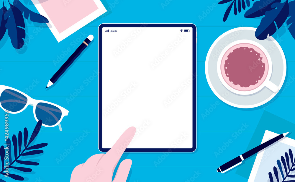 Poster travel research on tablet mockup - hand using touch screen on device laying on blue background with 