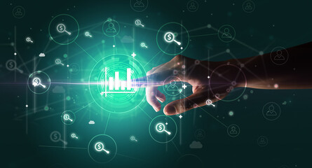 Obraz premium Businessman hand pressing stock graphic information on multitouch screen