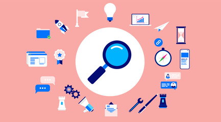 Business research  - Magnifying glass and business elements. Vector illustration.