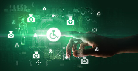 Doctor hand pressing futuristic health device with medical symbol on screen