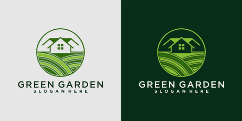 Green garden house logo with circle style for busines and company premium vektor