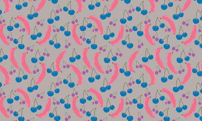 Pink banana with cute cherries vector seamless pattern. Great as a textile print, fabric, wallpaper, background, invitation card, packaging or giftwrap. Surface Pattern design.