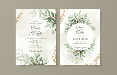 Fototapeta na wymiar Green gold leaves wedding invitation card template