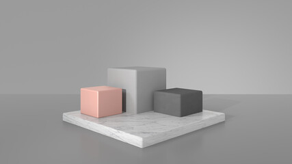 
Minimal abstract podium mock up design for product presentation background or branding concept with Marble, earth tones colorful  cube boxes and beige wall color, 3D render, 3D illustration, Renderin