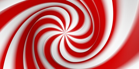Swirling background in the form of a spiral in red and white. 3D rendering. Festive caramel background. Abstract background for bright design.