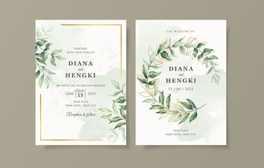 Green gold leaves wedding invitation card template
