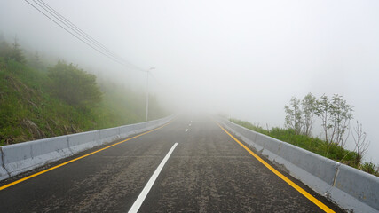 Mountain road in the fog. First-person view, walking along the road. Trees and green grass are visible along the edges. There are poles for lighting. Thick fog obscures visibility. Dividing strip.