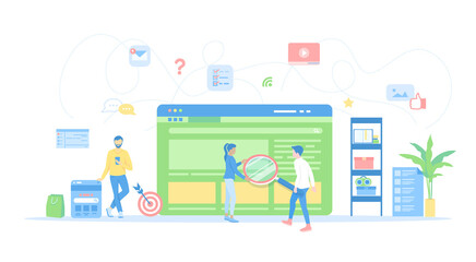 Web search technology, Search engine, SEO, Data finding. People hold a magnifying glass,looking information on the search page. Window interface. Conceptual flat vector illustration for web and design