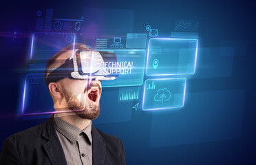 Businessman looking through Virtual Reality glasses, tech concept