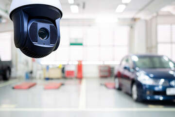 CCTV camera or surveillance system in background of Checkpoint. Auto repair shop in bokeh, defocused background