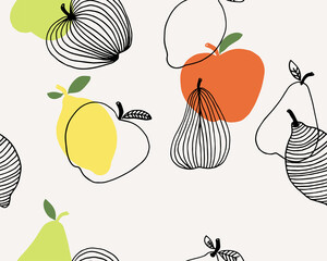 Seamless pattern with apple, pear and lemon on a light background. Fruits vector illustration.