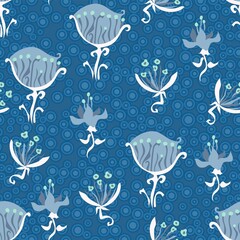 Fototapeta na wymiar Abstract Wildflower Repeat Pattern In Blue And White On A Dotted Background
