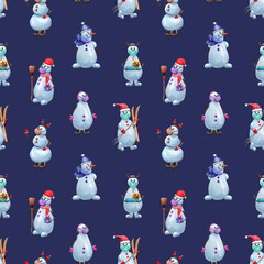 Seamless pattern, snowmen in medical masks. Texture for wrapping paper. Hand drawn watercolor illustration on dark blue background.
