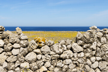 View of the west coast of Menorca with a typical wall made of stones in a sunny day with blue sky (Balearic Islands, Spain)