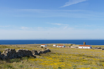 Panoramic view of the west coast of Menorca in a sunny day with blue sky (Balearic Islands, Spain)