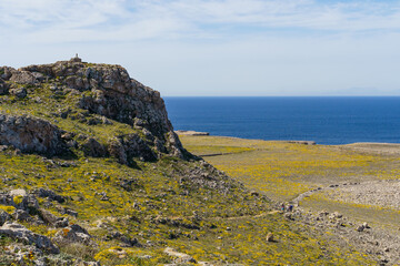 Panoramic view of the west coast of Menorca in a sunny day with blue sky (Balearic Islands, Spain)