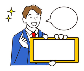 スマホの画面を見せている スーツ姿の男子 笑顔 程よいシンプルな男性のイラスト ベクター 