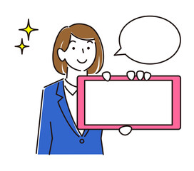 スマホの画面を見せている スーツ姿の女子 笑顔 程よいシンプルな女性のイラスト ベクター 