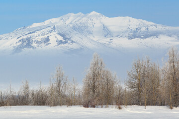Beautiful mountain landscape. View of trees and snow-capped mountain peaks. Travel and hikes in the wilderness in the Far North of Russia. Remote, hard-to-reach area. Rarytkin Range, Chukotka, Siberia