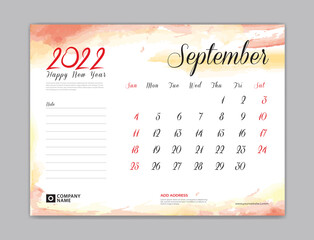 Calendar 2022 template, Desk Calendar 2022 template, September month design, week start on sunday, Wall calendar, planner, stationery, Printing template, organizer office, Red watercolor background