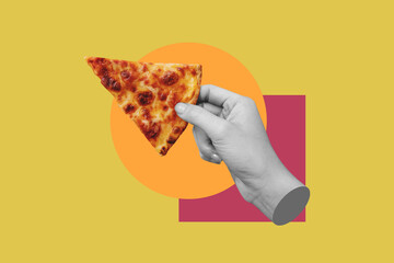 Digital collage modern art. Hand holding slice of cheese pizza - 425001306