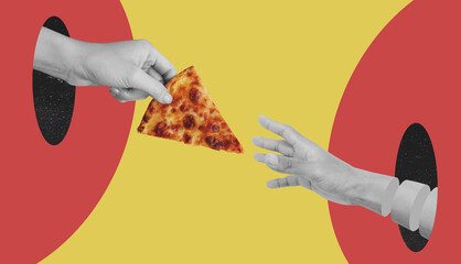 Hand giving slice of cheese pizza, and reaching hand, on red and yellow background - 425001359