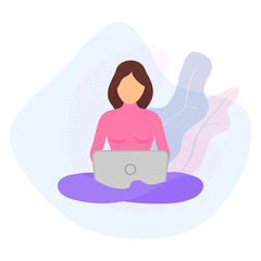 Teenager student freelancer girl sitting on the floor and working online at home at laptop on internet