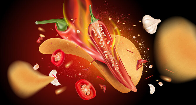 Red chili pepper with potato chips splashing elements ads isolated on solid color background, Vector realistic in 3D illustration.