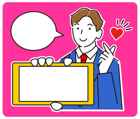 スマホの画面を見せている スーツ姿の男子 笑顔でキュンですのポーズをしている男性のイラスト ベクター