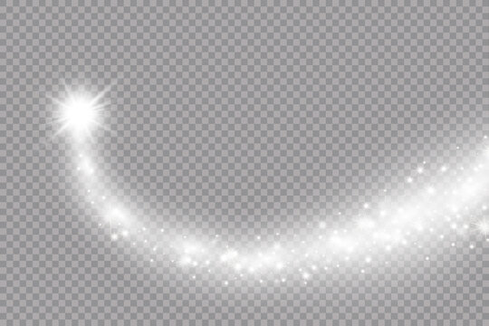 Vector white sparkling falling star. Stardust trail. Cosmic glittering wave. PNG. . Vector illustration