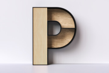 Wooden letter P in the shape of a shelving, japanese and scandinavian mixed interiorism  styles design idea concept. 3D rendering.