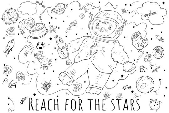 Space Doodle for coloring, Scientific Vector clip art illustration. Black and white illustration
