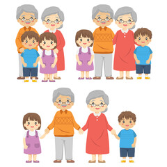 Grandparents and grandchildren vector character set. Happy family portrait, elderly man and woman with their grandchildren 