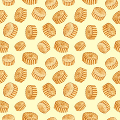 Watercolor mid autumn festival seamless pattern. Moon cakes on light yellow background . Chinese traditional ornament.