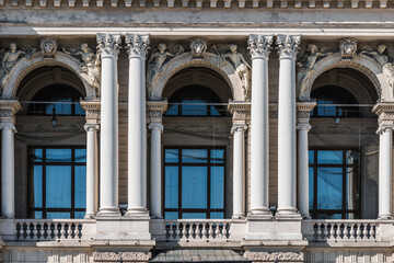 LVIV, UKRAINE - April, 2021: Lviv  Theatre of Opera and Ballet, Lviv opera house. Facade of the building: large windows and columns.